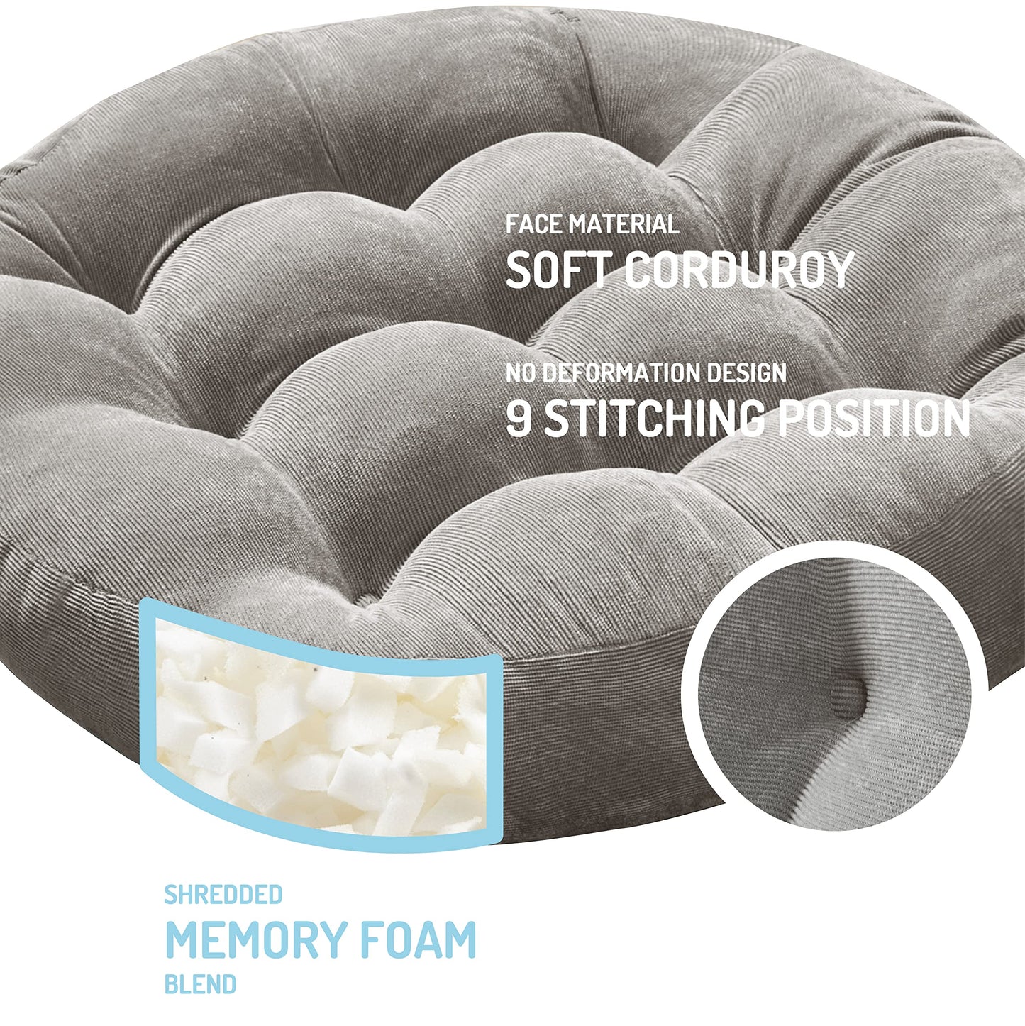 Meditation Floor Pillow Set of 2, Round Large Pillows Seating for Adults, Tufted Corduroy Cushion for Tatami Living Room, Grey, 22 Inch