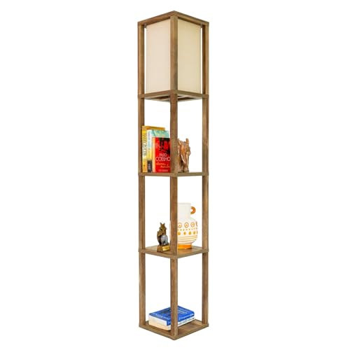 INHAI Modern Shelf Floor Lamp - Natural Wood Standing Lamp with Storage Shelves & Long Fabric Shade for Living Room, Bedroom, or Office (Adjustable Height) Ships from TX