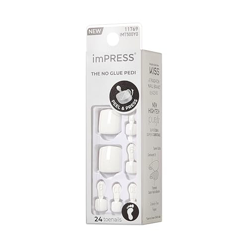 KISS imPRESS No Glue Mani 30 Pcs Press On Toenails, Solid Pure White Stick On Extension False Nails for Toes, Peel & Press Easy Apply, Hassle-Free Removal, Includes Manicure Stick, Prep Pad & File