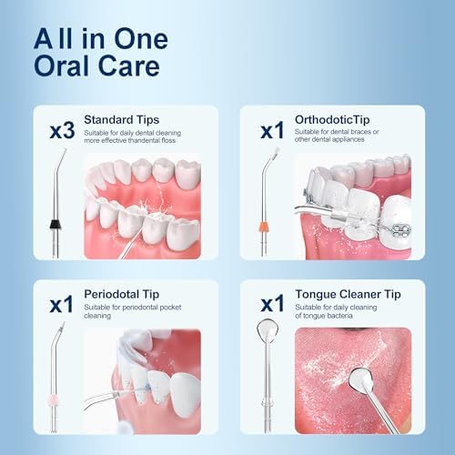 Water Dental Flosser Oral Irrigator with 5 Modes, 350ml Cordless Water Teeth Cleaner Pick 6 Tips, IPX7 Waterproof Rechargeable Portable Powerful Battery for Travel & Home Braces & Bridges Care