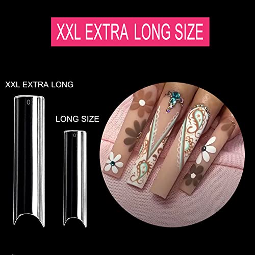 No C Curve Square Flat Nail Tips,SWETIDY 500Pcs XXL Extra Long Acrylic Clear Straight Tapered,Half Cover French Fake Nails for Nail Salon and DIY Nail Art 10 Sizes