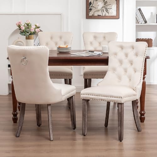 Kiztir Velvet Dining Chairs Set of 4, Upholstered Dining Room Chairs with Ring Pull Trim and Button Back, Luxury Tufted Dining Chair for Living Room, Bedroom, Kitchen (Beige)