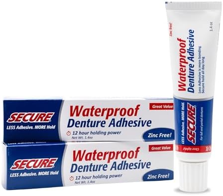 Secure Waterproof Denture Adhesive - Zinc Free - Extra Strong 12 Hour Hold - 1.4 oz (Pack of 2)
