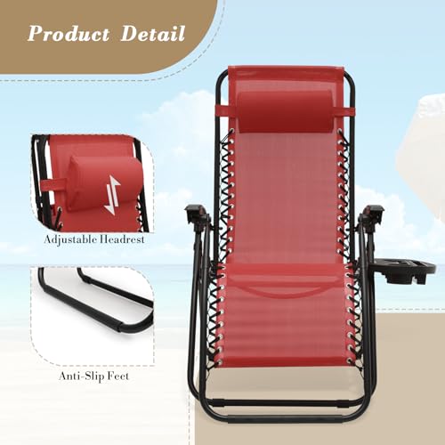 Athena Collection Zero Gravity Outdoor Lounge Chair Set of 2 with Cup Holder, 25" Width Pool Lounge Lawn Chairs Reclining, Outdoor Chaise for Beach Patio Backyard Outside, Dark Red