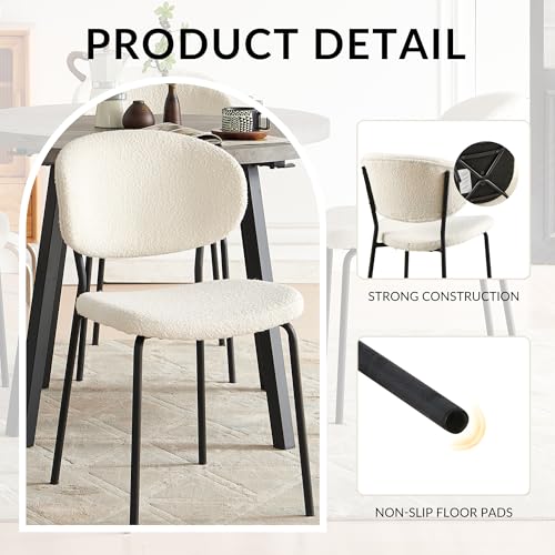 Howtek Dining Chairs Set of 2, Mid Century Modern Boucle Upholstered Fabric Kitchen Chairs with Curved Backrest & Metal Legs for Living Room, Dining Room, Vanity - Beige