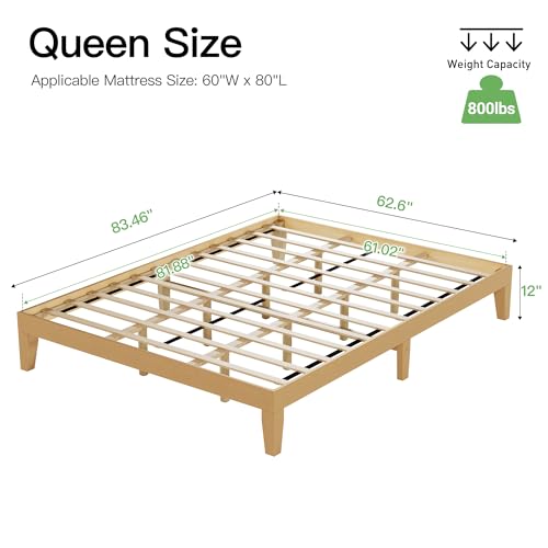 COLAMY 12 Inch Queen Size Platform Bed Frame，Sturdy Wood Bed Frame with Wood Slat Support, No Box Spring Needed, Easy Assembly(Rustic Pine)