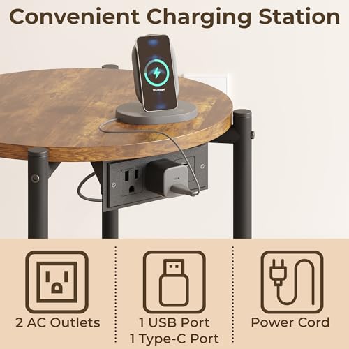 LIKIMIO Side Table with Charging Station, 2-Tier Round End Table with Lower Shelf, 15.8" W Modern Wooden Nightstand for Small Spaces, Living Room, Bedroom, Rustic Brown