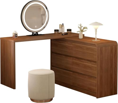 Makeup Vanity Desk with Touch Screen Mirror, 50-90 in Adjustable Sturdy Vanity Table Set with Chair, Bedroom Elegant Dressing Table for Women with 6-Drawer Rounded Corners Storage Cabinet, Brown