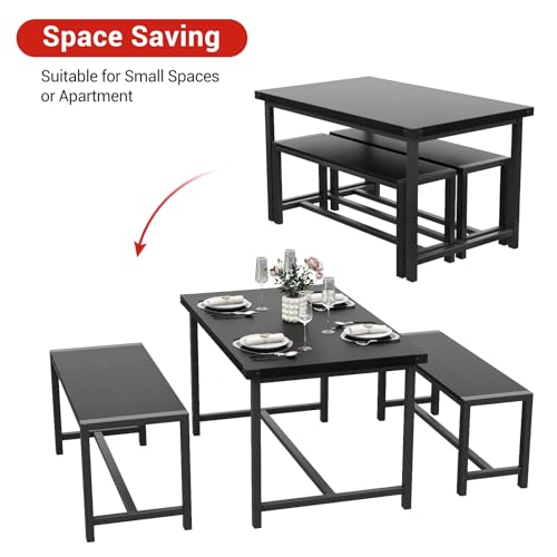 Garvee Dining Table Set for 4, Kitchen Table with Benches, 3 Piece Rectangular Dining Room Set with 2 Wooden Benches for Small Space, Apartment, Studio, Home, Rustic Black