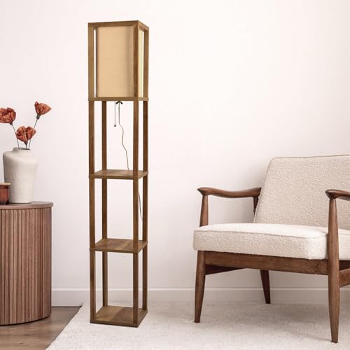 INHAI Modern Shelf Floor Lamp - Natural Wood Standing Lamp with Storage Shelves & Long Fabric Shade for Living Room, Bedroom, or Office (Adjustable Height) Ships from TX