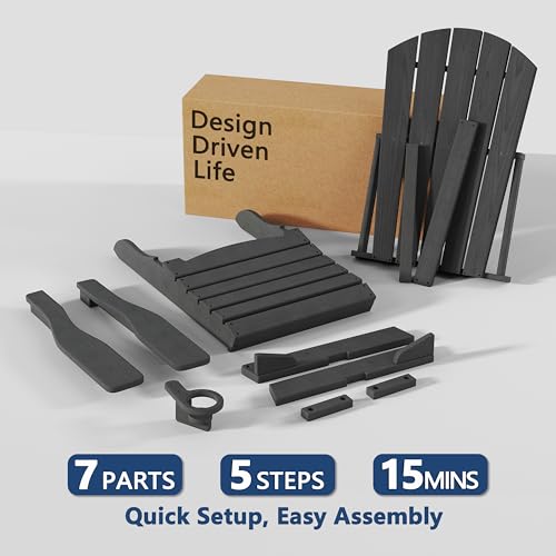 UNASKADI Folding Adirondack Chair Set of 3 with Cup Holder, HDPE All Weather Resistant Plastic Outdoor Patio Chairs, Heavy Duty Fire Pit Seating for Backyard Lawn Garden, Wooden Textured Design(Gray)