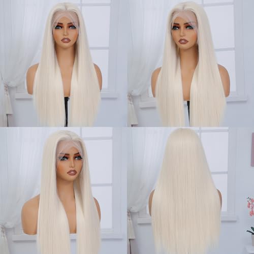 Platinum Blonde Synthetic Lace Front Wig Pre Plucked Ready to Wear 13x4 HD Glueless Straight Lace Front Wig for Women Natural Looking Synthetic Heat Resistant Fiber Platinum Blonde Wig (26 Inch)