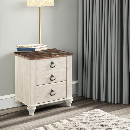 Signature Design by Ashley Willowton Farmhouse 2 Drawer Nightstand with USB Charging Ports, 25.67" Tall, Whitewash