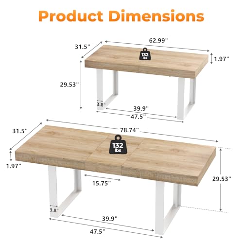 Zevemomo 63"-78.7" Expandable Dining Table, 6-10 Farmhouse Kitchen Table, Extendable Dining Table, Rectangular Kitchen Table with Metal Track, Tapered U-Shaped Legs for Dining Room, Office-Oak
