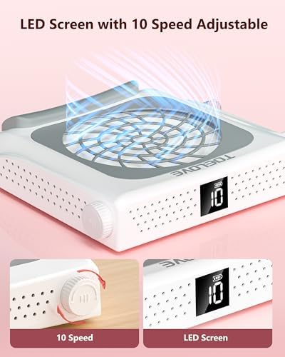 Upgraded Nail Fan Dust Collector with Hand Rest, 10 Speeds, Reusable Filter, Quiet & Rechargeable, Powerful Dust Suction Nail Tech Machine for Acrylic Gel Nails Polishing, Salon & Home, White