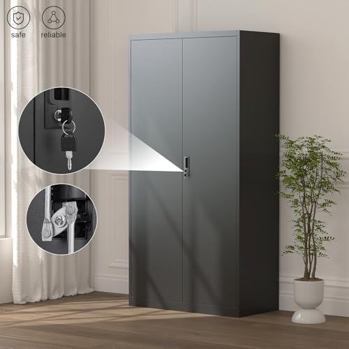 Avanroolux Metal Storage Cabinet with Lock, Large-Capacity Wardrobe Closet with Hanging Rod and Shelf, 71'' Clothing Coat Steel Storage Freestanding Wardrobe for Office, Home, School and Gym (Black)