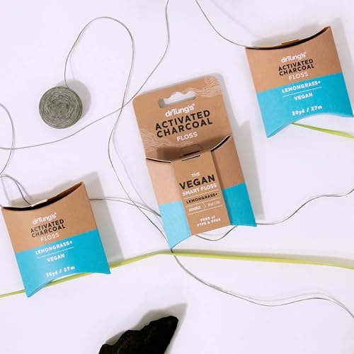 DrTung's Vegan Activated Charcoal Floss - Natural Floss, PTFE & PFAS Free Floss, Gentle on Gums, Expands & Stretches, BPA Free Floss - Natural Dental Floss Lemongrass Flavor (Pack of 2)