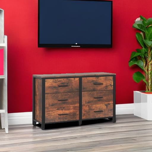 Frmobepts Rustic Brown Dresser for Bedroom, Wide Wood Dressers Furniture with 6 Wooden Drawer and Metal Frame, TV Stand with Deep Drawer (Rustic Brown)