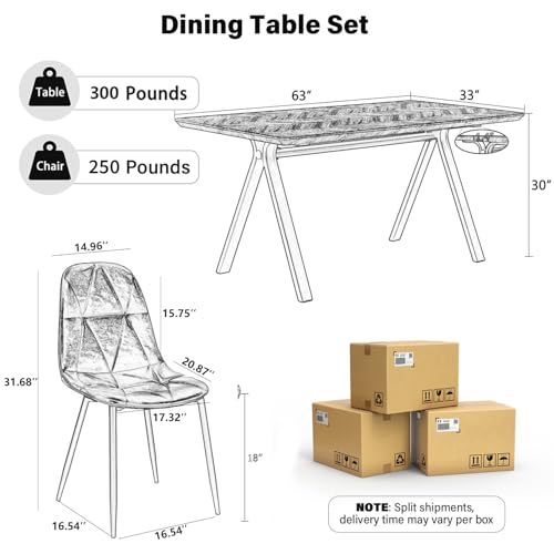 RGZ 63" Modern Rectangular Dining Table Set for 4, 5-PCS Rustic Walnut Kitchen Table & 4 Black Upholstered Faux Leather Chairs, Mid Century Wood Dinner Table for Dining Room, Home, Living Room
