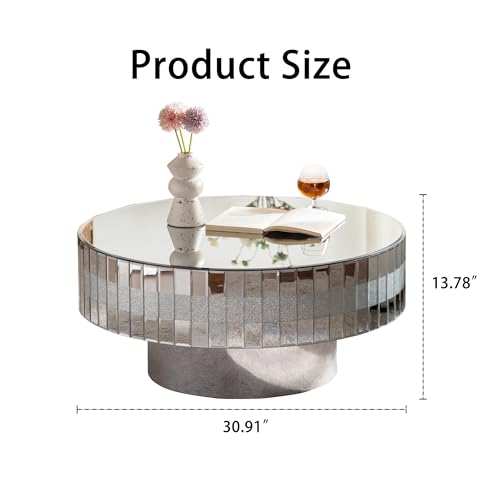Modern Round Mirrored Coffee Table for Living Room, Silver Glass with Decorative Crystal Edge, Glam Round Accent Table Mirrored Center Table for Home Office, Silver, 31'' Dia x 14''H