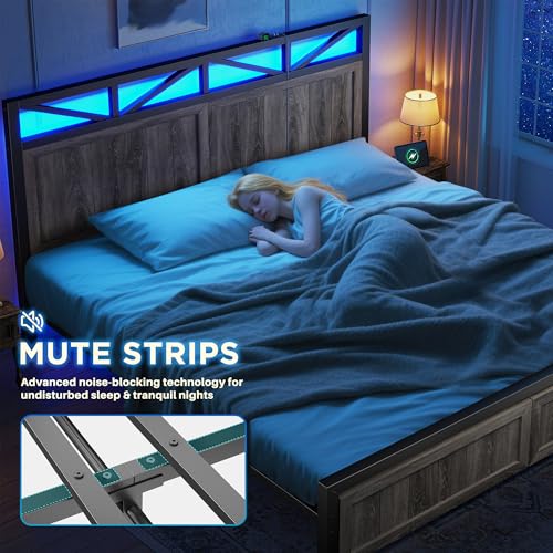 Homkdom King Bed Frame with 2 Storage Drawers and LED Lights, King Size Bed Frame and Headboard Built in Charging Station,Noise-Free,Easy Assembly, Grey