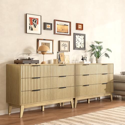Butinsx Modern 6 Drawer Dresser, Natural Oak, Fluted Wave Design, Rounded Corners, Dresser TV Stand, 48" Wide Chest of Drawers for Bedroom and Living Room