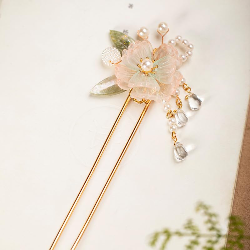 Rabithenn Rainbow Pink Chrysanthemum Pearl Tassels Chinese Hanfu Metal Handmade Hair Clip Hair Accessories for Women Girls Long Hair (Rainbow Flower)