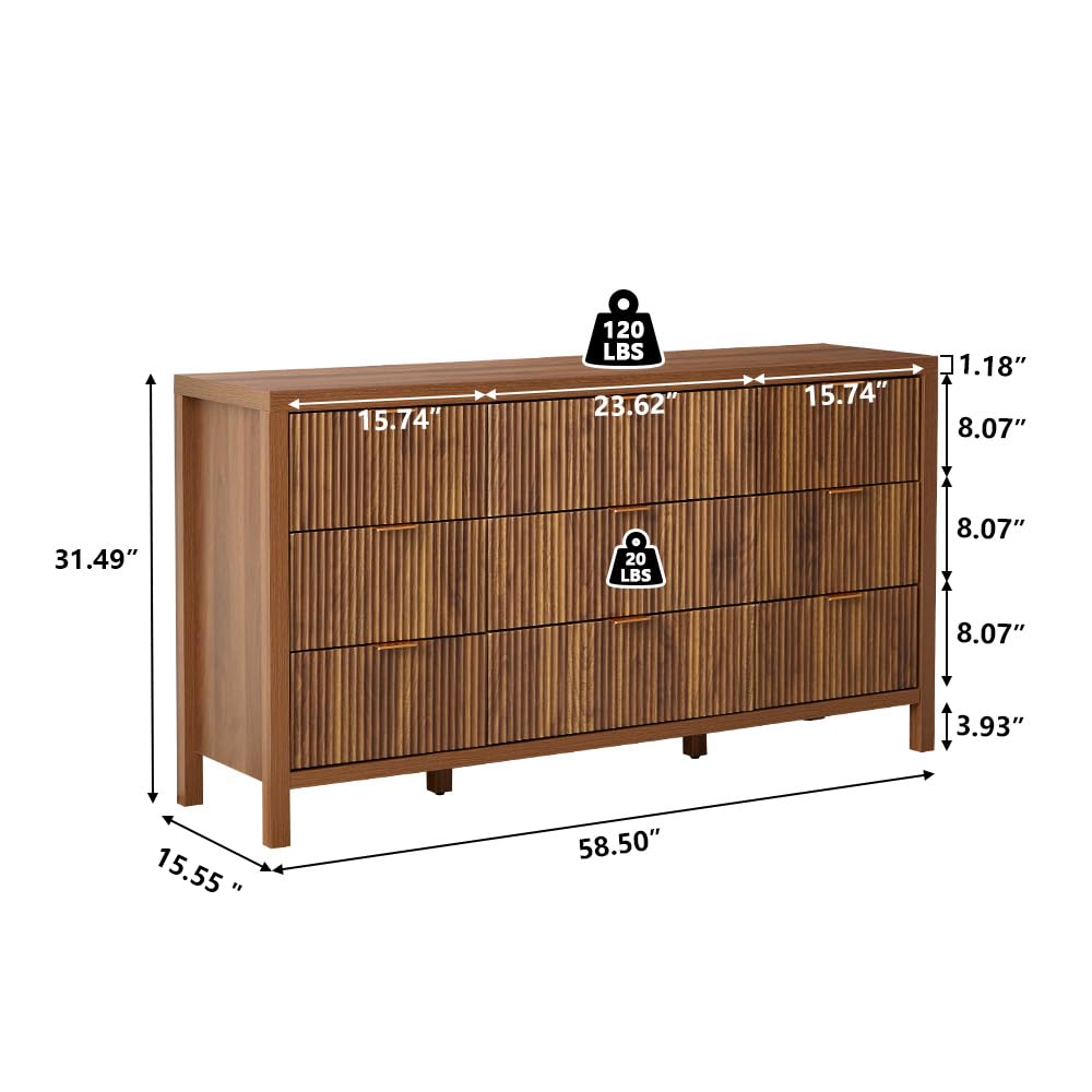 affeivul Mid Century Modern Dresser TV Stand, 9 Drawer Dresser for Bedroom Wood, Farmhouse Boho Storage Cabinet Side Table with Solid Natural Wood Legs, Long Wooden Nightstand for Closet (Walnut)