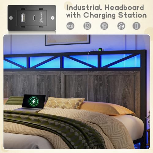 Homkdom King Bed Frame with 2 Storage Drawers and LED Lights, King Size Bed Frame and Headboard Built in Charging Station,Noise-Free,Easy Assembly, Grey
