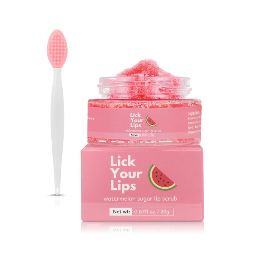 Watermelon Sugar Lip Scrub for Women Dry, Cracked and Dark Lips – Lip Scrubber Exfoliator and Organic Lip Scrubs Exfoliator and Moisturizer with Lip Brush – Vegan, Cruelty-Free Lip Care Products (20g)
