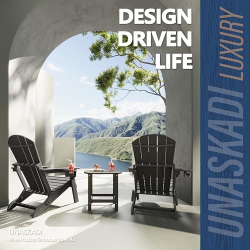 UNASKADI Folding Adirondack Chair Set of 3 with Cup Holder, HDPE All Weather Resistant Plastic Outdoor Patio Chairs, Heavy Duty Fire Pit Seating for Backyard Lawn Garden, Wooden Textured Design(Gray)
