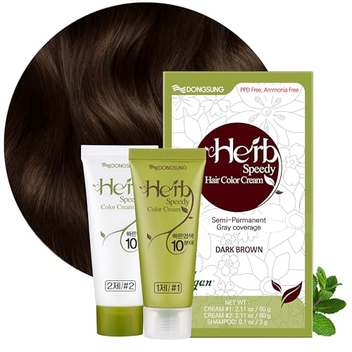 DONGSUNG Herb Speedy Color Cream (Dark Brown, 1 Pack), PPD-Free Ammonia-Free Vegan Hair Dye with Sun Protection, Odorless, Gentle for Sensitive Scalp, No Eye or Scalp Irritation
