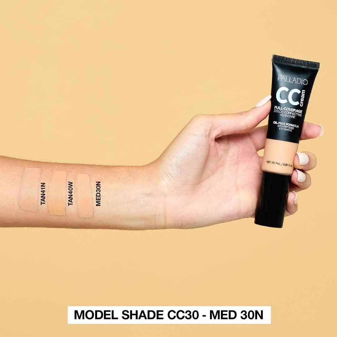 Palladio Full-Coverage Color Correction CC Cream, Oil-Free with Peptides & Vitamin C, Buildable Foundation Coverage (Tan 40W, Warm Undertone),0.87 Fl Oz (Pack of 1)