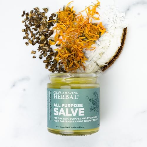 Ora's Amazing Herbal All Purpose Salve, Herbal Healing Skin Balm with Tea Tree, Natural Cream for Dry Cracked Hands, Comfrey Calendula Plantain Thyme Beeswax, Soothing Itch Relief, 4 oz