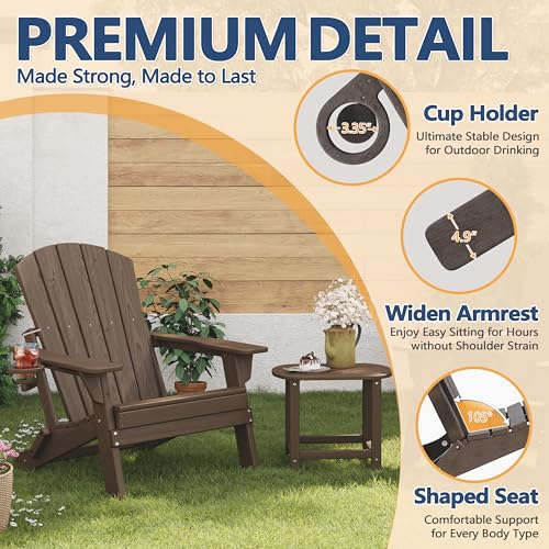 Folding Adirondack Chair Set of 2 with Cup Holder, HDPE All Weather Resistant Plastic Outdoor Patio Chairs, Heavy Duty Fire Pit Seating for Backyard Lawn Garden, Wooden Textured Design(Coffee)