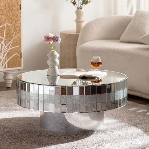 Round Coffee Table with Dazzling Crushed Crystal Border, 31" Round Silver Mirrored Coffee Table for Living Room, Glam Modern Glass Living Room Center Tea Cocktail Table, Bedroom Pedestal Nightstand