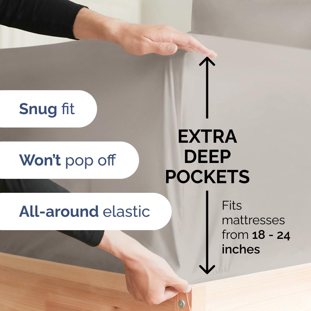 Extra Deep King Sheet Set - 6 Piece Breathable & Cooling Sheets - Hotel Luxury Bedding Set with 18-24 Inch Extra Deep Pockets - Easy Fit - Super Soft, Wrinkle Free and Comfy - Light Grey, King Size