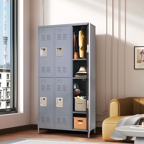 Storage Locker Cabinet, with 6 Doors and Lock, Gray, Durable & Easy to Maintain, for Living Room, Bedroom, and Kitchen