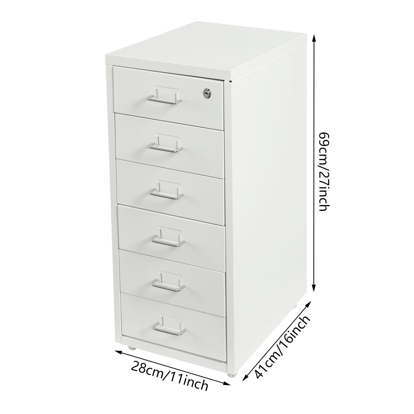 HZOPUTLH 6 Drawer Vertical File Cabinet with Lock, Freestanding Filing Metal Drawers Organizer with 4 Wheels, Movable Under Desk Cabinet Vertical File Storage for Home Office (White)