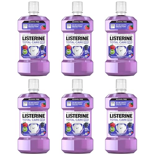 Listerine Total Care Kids Mouthwash, ADA Accepted, Alcohol-Free Anticavity Sodium Fluoride Mouthwash, Oral Rinse for Cavity Protection, Berry Splash Flavor for Kids Oral Care, 16.9 Oz, 6-Pack