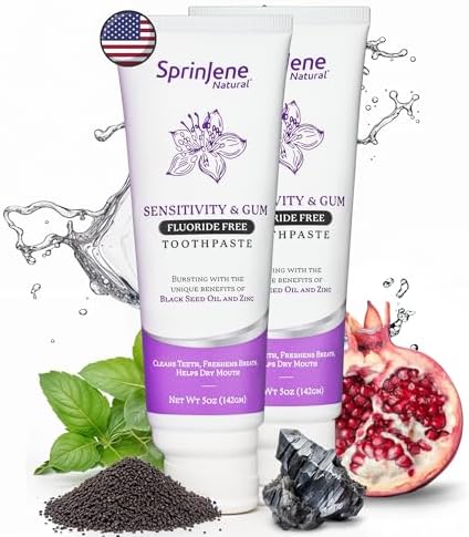SprinJene Natural Sensitivity & Gum, Fluoride Free Toothpaste for Strong Teeth & Gums - Natural Toothpaste to Soothe Dry Mouth & Freshen Breath | 2 Pack