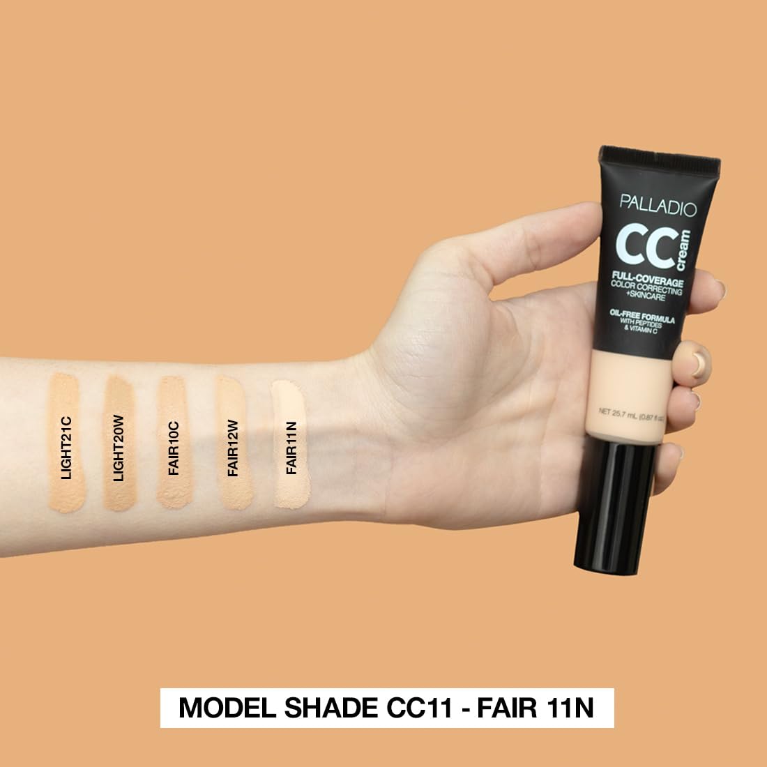 Palladio Full-Coverage Color Correction CC Cream, Oil-Free with Peptides & Vitamin C, Best for Correcting Redness and Uneven Skin Tone, Buildable Foundation Coverage (Fair 11N)