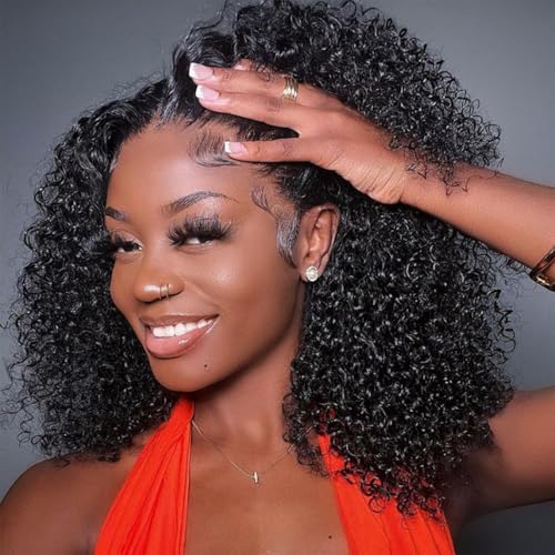 14 Inch Bob Wig Human Hair 13x6 Frontal Lace Wig 200% Density HD Lace Front Wigs Human Hair Pre Plucked Short Bob Wigs for Black Women 100% Real Human Hair Curly Natural Black