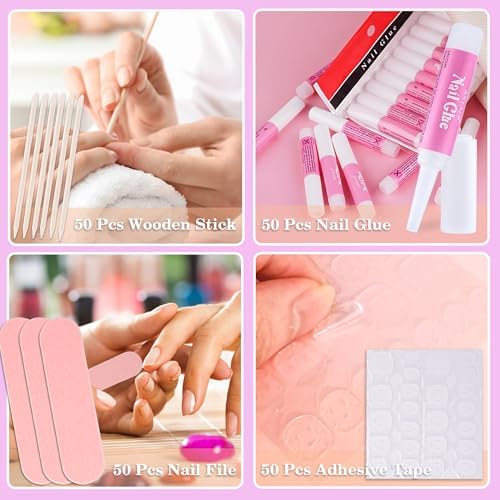 Press On Nail Tool Kit for Nail Business, Nail Prep Application Disposable Kit with Nail File, Nail Glue, Prep Pads, Instruction Card, Adhesive Nail Tabs, Wood Stick, Holographic Bag (50pcs in purple)