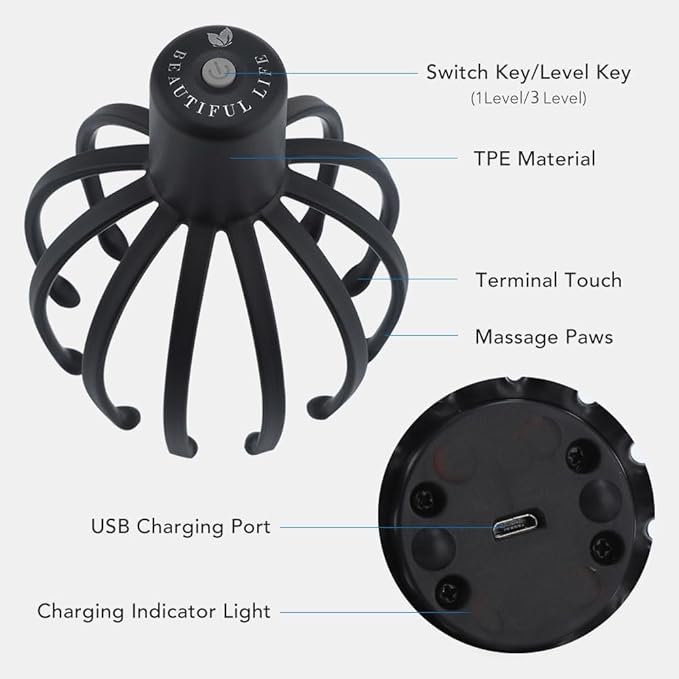 Electric Scalp Massager Head Massager Scalp Massager Tool, Head Scratcher Head Massager Scalp Stress Relax, Electric Octopus Claw 3 Modes 10 Nodes Black
