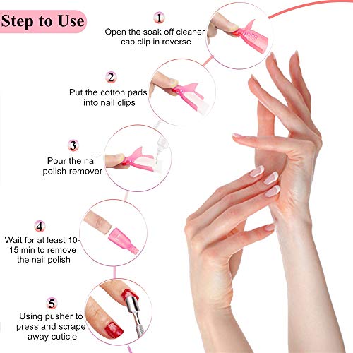 Nail Polish Gel Remover Tools Kit, Soak Off Cap Clip, 200ml Dispenser Bottle, UV Gel Polish Cuticle Pusher, 600 PCS Cotton Pads, Handle Brushes, 100/180 Nail File, Buffer Block, Finger Separators
