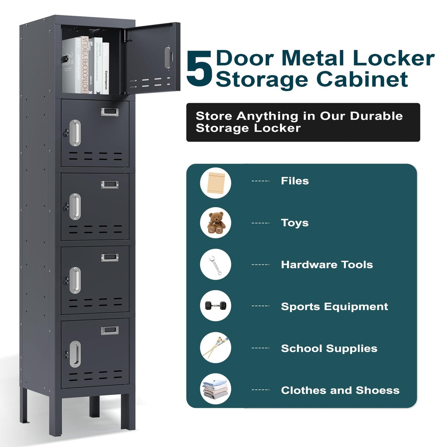 BUTISOW Metal Lockers - 66" Height Steel Lockers for Employees with 5 Door Storage Locker with Card Slot for Employees Gym School Home Office Garage - Assembly Required