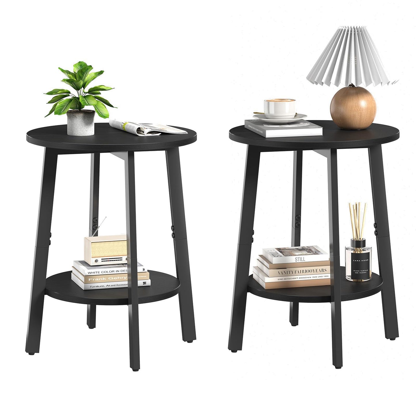 sthmec Side Table Set of 2, Small Round End Table with Storage Shelf for Small Space, 2-Tier Black Bedside Table Sofa Couch Table, Nighstands Set of 2 Accent Table for Living Room, Bedroom, Black