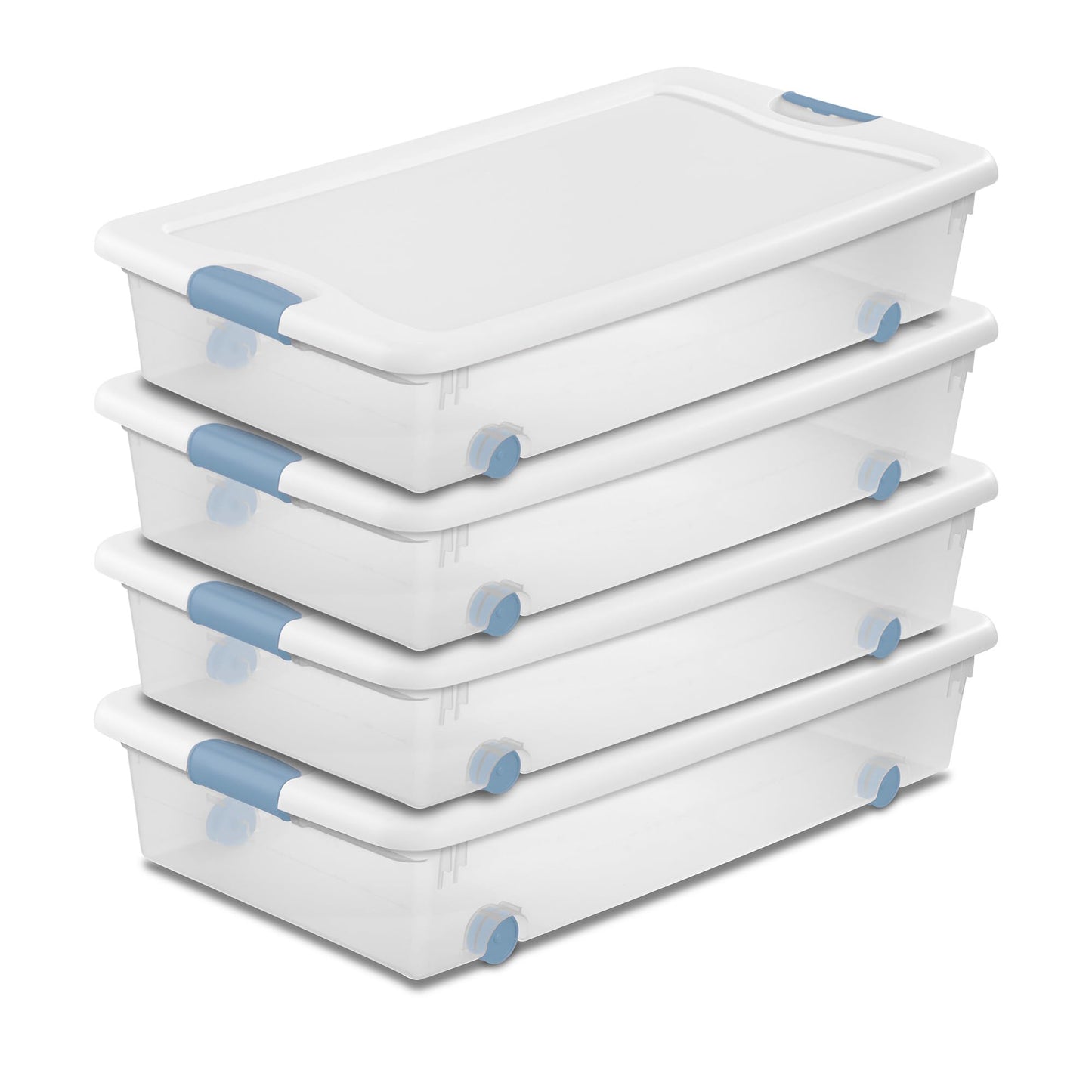 Sterilite 56 Qt Wheeled Latching Storage Box, Stackable Bin with Latch Lid, Plastic Container to Organize Shoes Underbed, Clear with White Lid, 4-Pack