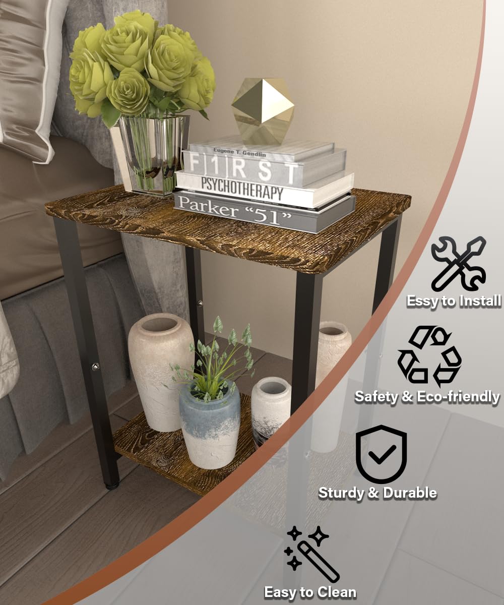 Tigerden 2 Tier Side Table, Heavy Duty End Table with Shelves, Narrow nightstand Table for Small Spaces, Record Player Table for Bedroom, Living Room, Sofa Couch - Rustic Brown & Black